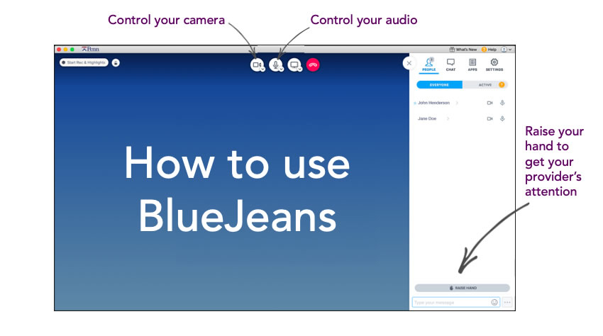 Screenshot of the BlueJeans platform that instructs patients to get their providers' attention by using the "RAISE HAND" button at the bottom right of the screen.